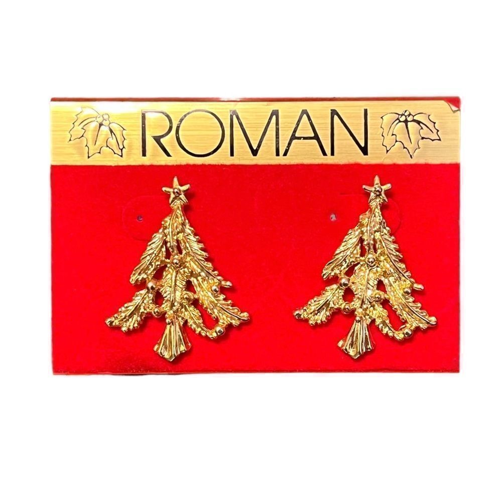 Vintage Roman Gold Tone Christmas Tree Earring NWT
